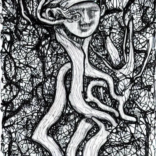 Image similar to Electronic The Thinker Sculpture covered in mushrooms & peyote & ayahuasca vines, sitting in a dense luscious forest, ink sketch, Naturalist