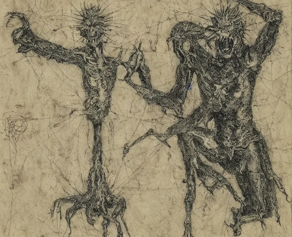 Image similar to ancient magical creepy humanoid creature, diagram nature sketchbook, etching, intaglio, on old distressed parchment paper,