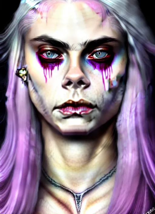 Prompt: Cara Delevigne, white hair, magenta shirt, gentle smile, beautiful detailed eyes, dirty, fantasy, intricate, rough, highly detailed, digital painting, 4k, HDR, concept art, detailed jewelry, smooth, sharp focus, illustration, art by Artgerm, H R Giger and Alphonse Mucha