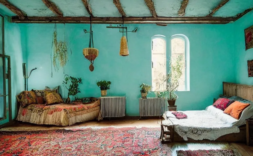 Image similar to east european bohemian bedroom interior, bed, rustic wood, large windows, minimalism, farm theme, cupboards, plants, earth colors, bright, turquoise, oriental, persian, rural, retro design