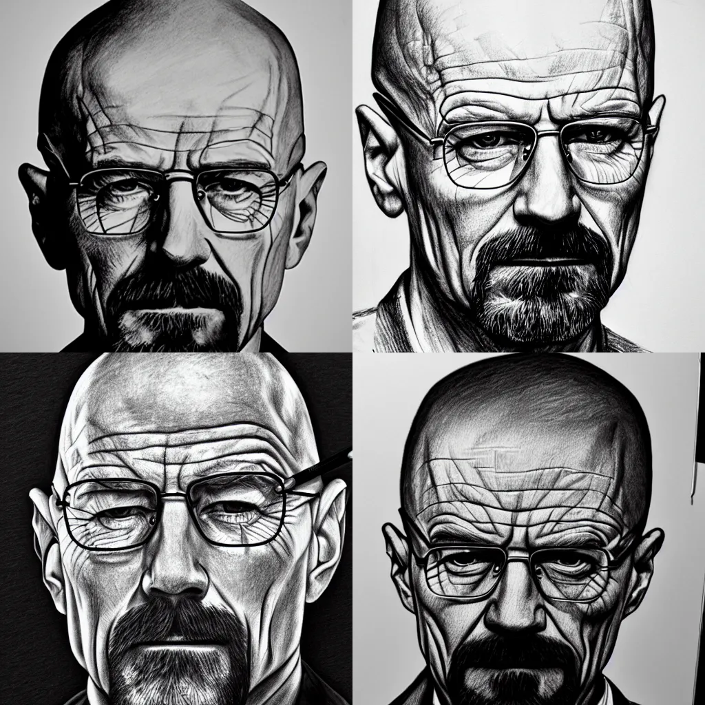 Prompt: pencil sketch of walter white, highly detailed, black and white, centered, portrait