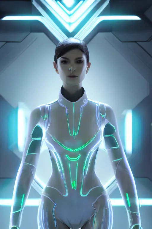 Image similar to render of a beautiful bioengineered female wearing a luminescent bodysuit in a Tron environment, reflections, focus, detailed, realistic eyes, horizontal partial symmetry body features proportions, intricate facial skin details, award winning, trending in cgsociety artstation deviant art, octane render