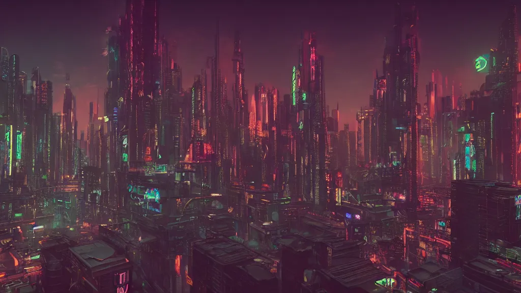 Prompt: twenty-fifth century megacity, dusk, cyberpunk, twilight, cinematic, 4k, rendered in octane