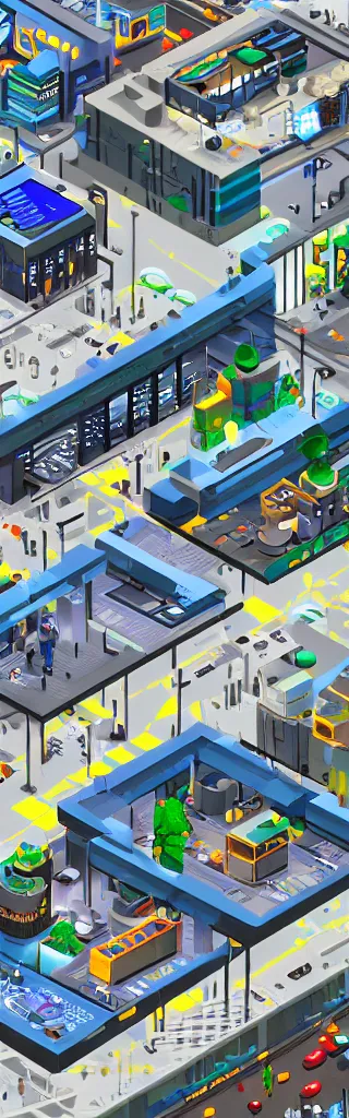 Image similar to a digital matte painting of a complex isometric architecture made of circuit boards and embedded LEDs in a busy modern city, #isometric