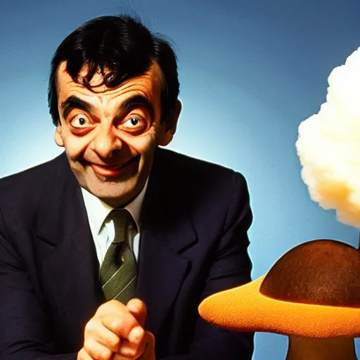 Prompt: 1980s archival photo of Mr Bean smiling sinisterly with a mushroom cloud behind him