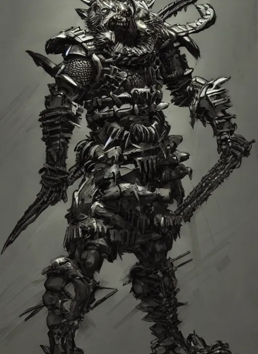 Image similar to Full body portrait of a gnoll warrior with a armour made of bones. In style of Yoji Shinkawa and Hyung-tae Kim, trending on ArtStation, dark fantasy, great composition, concept art, highly detailed, dynamic pose.