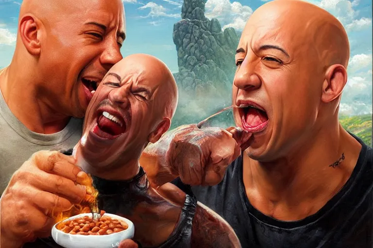 Image similar to vin diesel pouring baked beans into the mouth of dwayne the rock, an oil painting by ross tran and thomas kincade