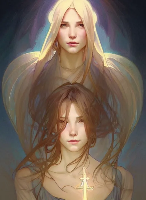 Image similar to digital character concept art by artgerm and greg rutkowski and alphonse mucha. clear portrait of a modern young wife blessed by god to uncontrollably become overwhelmingly perfect!! blonde, clothed! obviously feminine holy body!! light effect. hyper detailed, glowing lights!! intricate, elegant, digital painting, artstation, smooth, sharp focus