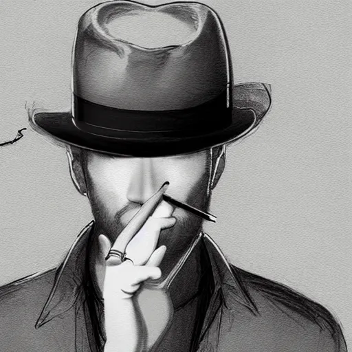 Image similar to noir detective wearing fedora and smoking a cigarette, raining, Artwork by Artgerm