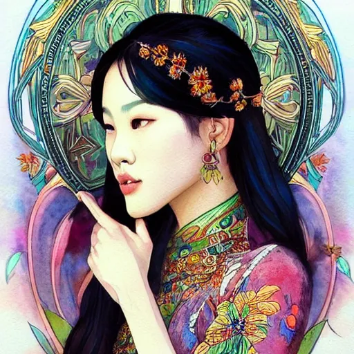 Image similar to Watercolor painting style, beautiful Thai girl by kittichai rueangchaichan, floralpunk, Artstation, art nouveau aesthetic, Alphonse Mucha background, intricate details, photo realistic, dramatic