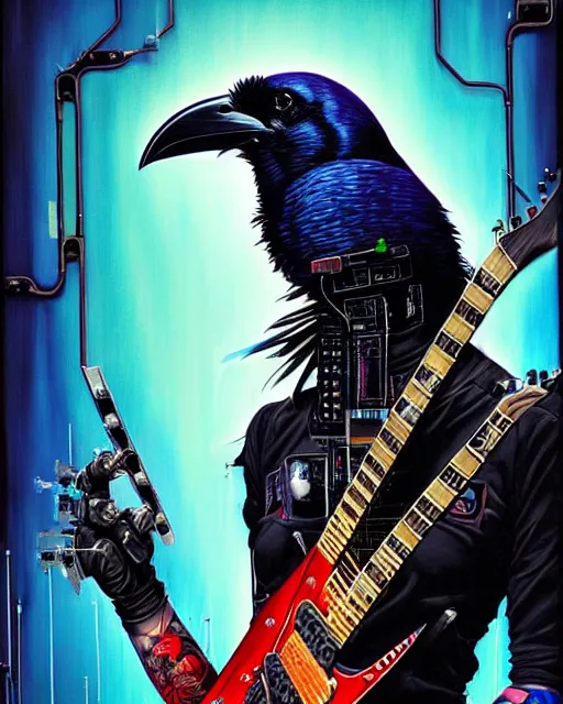 Image similar to a portrait of an anthropomorphic cyberpunk raven shredding an electric guitar by sandra chevrier, by jon foster, detailed render, tape deck, epic composition, cybernetics, 4 k realistic, cryengine, realistic shaded lighting, sharp focus, masterpiece, by enki bilal