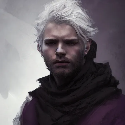 Image similar to portrait of a young man in a black cloak, silver hair, purple eyes, detailed face, highly detailed, cinematic lighting, digital art painting by greg rutkowski.