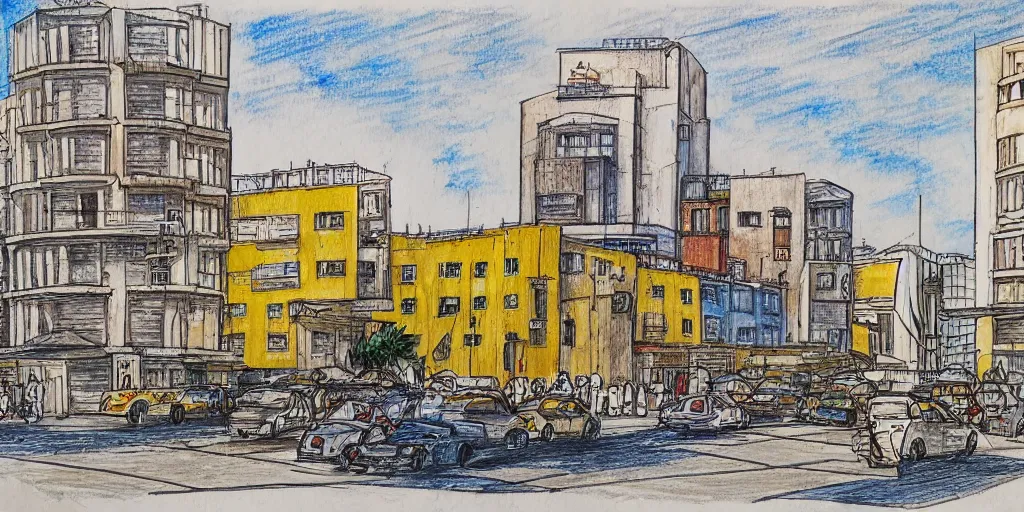 Image similar to drawing of rounded bauhaus buildings in a junction in tel aviv. highly detailed. pen drawing painted with watercolors. colorful