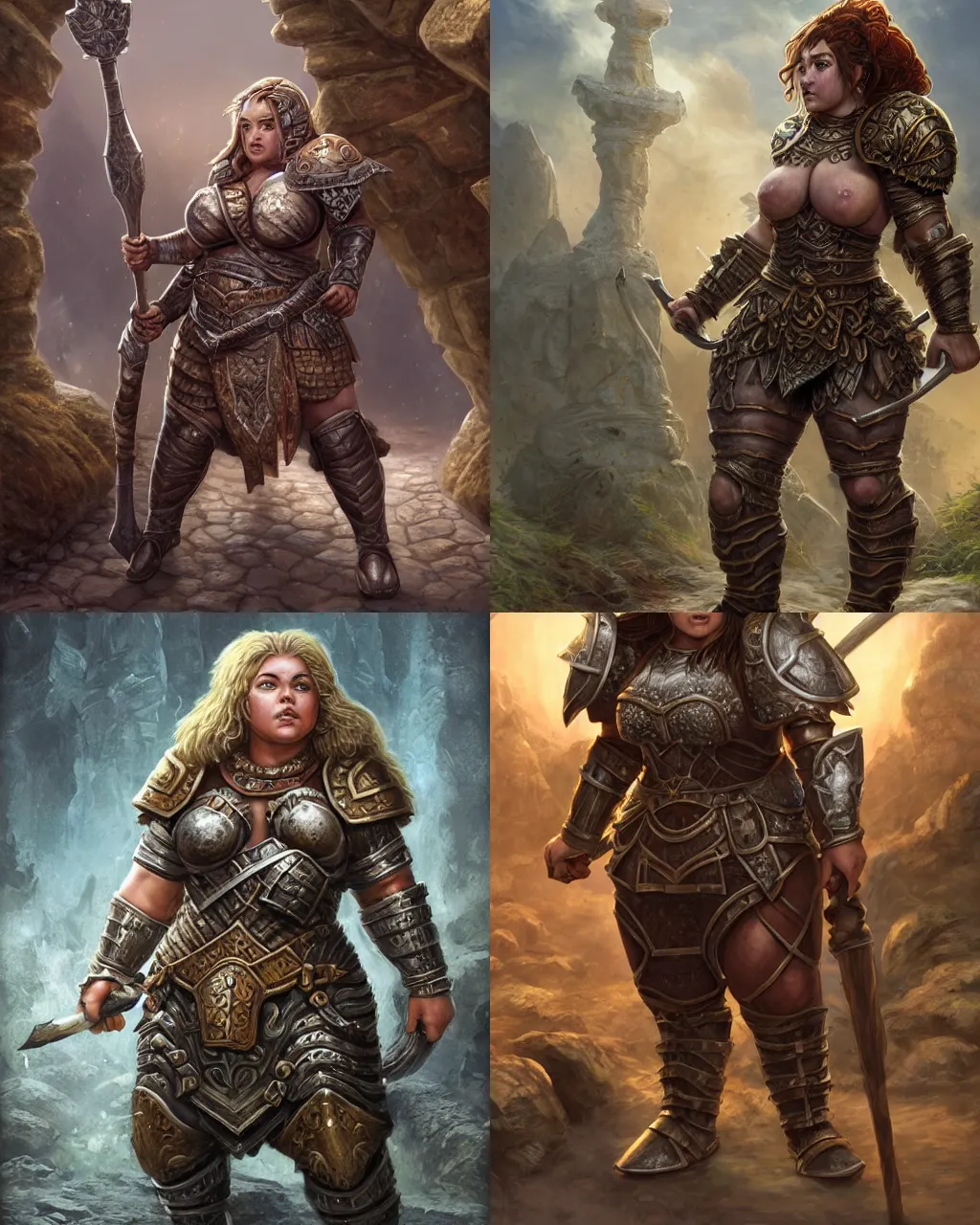 Prompt: robust female dwarf warrior, wearing heavy plate armor, strong robust chubby stocky body, at the stone ruins, rpg artwork, hyperdetailed, hyperrealistic, soft light, imposing presence, jeff easley and scott m fischer, artstation, intricate metal, smooth, sharp focus