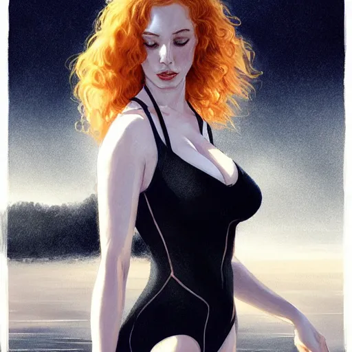 Image similar to christina hendricks in a black swimsuit, intricate, elegant, highly detailed, digital painting, artstation, concept art, smooth, sharp focus, illustration, art by artgerm and greg rutkowski