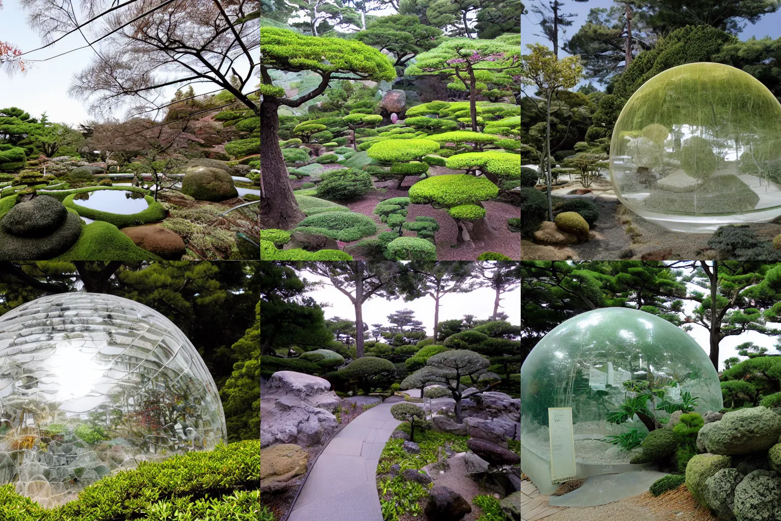 Prompt: japanese tea garden translucent biosphere on the moon, exterior