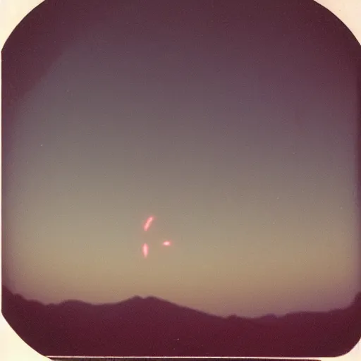 Prompt: a ufo flying over a the desert at night, distant!!, historical photo, old polaroid, expired film,