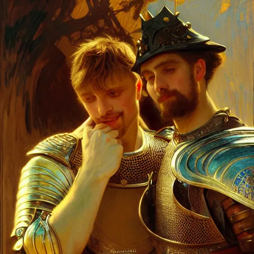 Image similar to attractive arthur pendragon and his attractive male knight, they are in love, natural lighting, path traced, highly detailed, high quality, digital painting, by gaston bussiere, craig mullins, alphonse mucha j. c. leyendecker