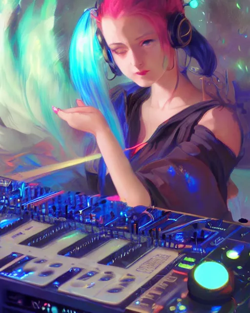 Image similar to pretty girl djing at a rave, blue hair, rem rezero, sharp focus, digital painting, 8 k, concept art, art by wlop, artgerm, greg rutkowski and alphonse mucha