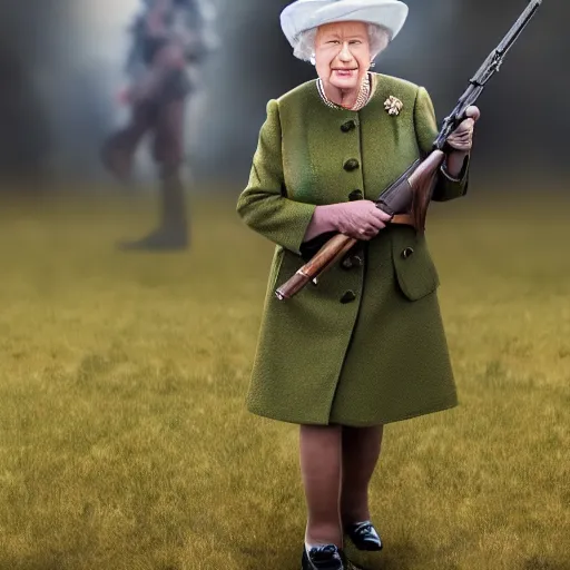 Image similar to Queen Elizabeth II wearing an army uniform while holding a rifle on a battlefield, highly detailed, high quality, HD, 4k, 8k, Canon 300mm, professional photographer, 40mp, lifelike, top-rated, award winning, realistic, sharp, no blur, edited, corrected, trending