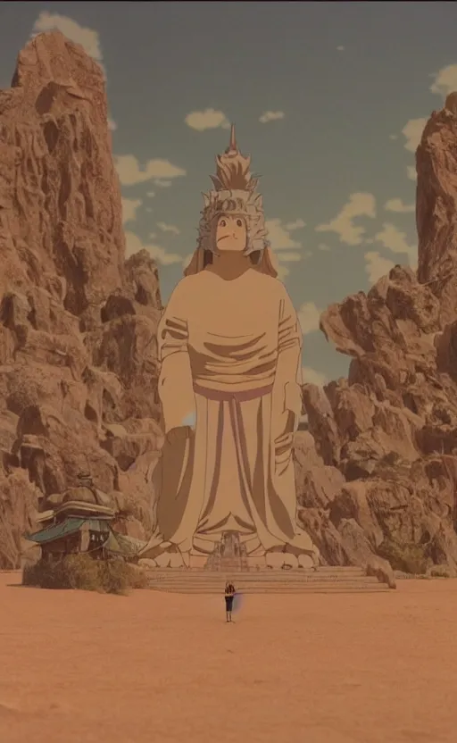 Image similar to a movie still from a studio ghibli movie showing a highly detailed landscape with a giant living buddha walking through the desert. 1 9 8 0's science fiction, 1 9 7 0's science fiction, misty, depth perception, 4 k