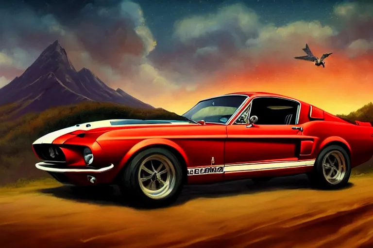 Prompt: a 1 9 6 7 shelby gt 5 0 0 driving down a long country road, coriolios rpg art style, full of details, warm sunset colors, matte painting, artstation, 8 k, hyperrealistic, style of peter mohrbacher, album cover, extreme long shot, mountains, panoramic, wide shot