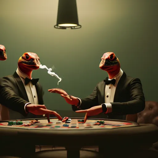 Image similar to hyperrealism simulation highly detailed human turtles'wearing detailed tuxedos and smoking, playing poker in surreal scene from cyberpunk movie from future by wes anderson and denis villeneuve and mike winkelmann rendered in blender and octane render