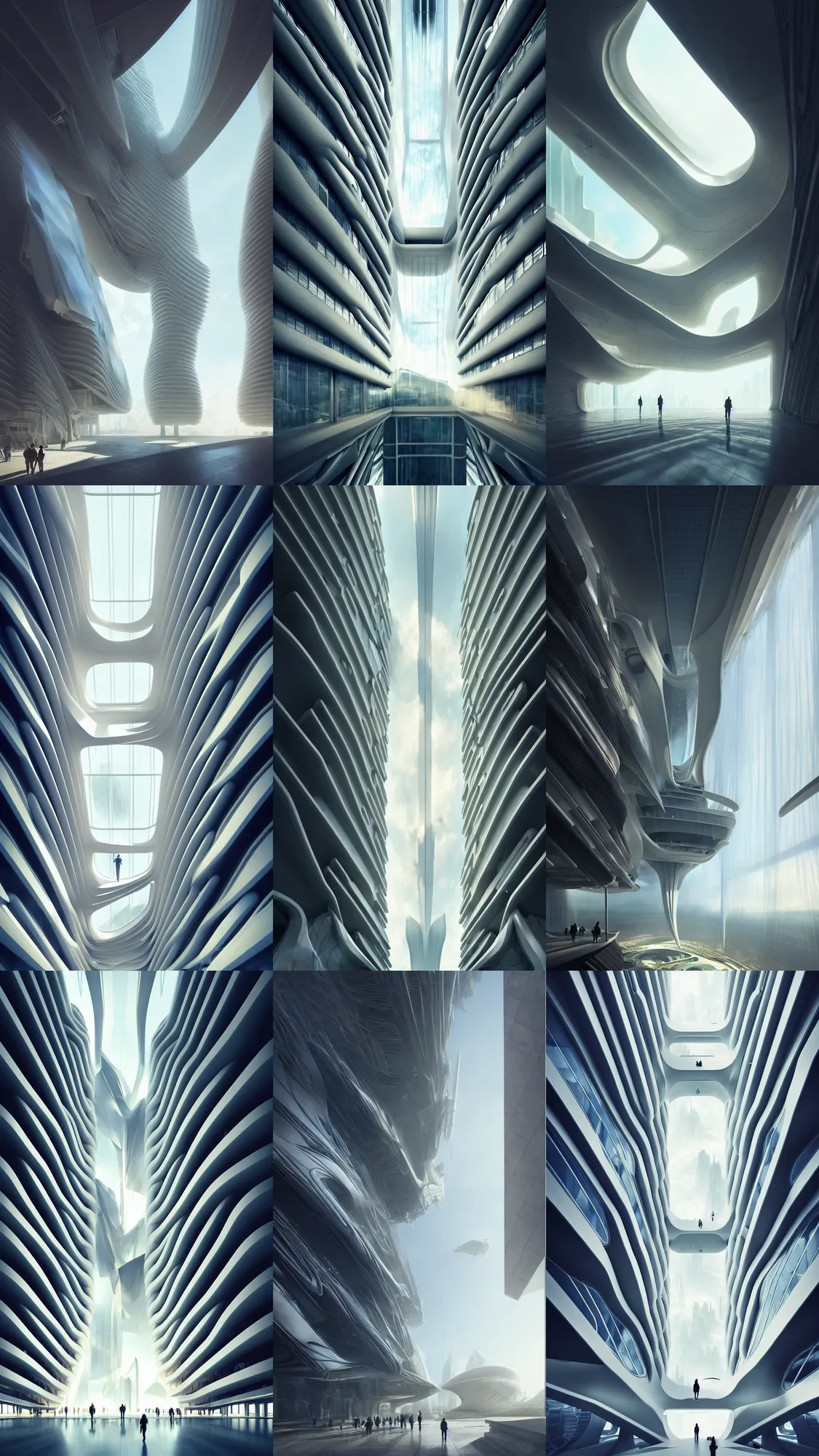 Prompt: the inside of a very tall building by tim blandin and arthur haas and bruce pennington and john schoenherr, big pods, big windows architecture by zaha hadid, octane render, warm colour scheme, white, cinematic, scenery, cgsociety, modernism, futuristic, trending on artstation, sci - fi, high detail, high quality, close up angle, people walking