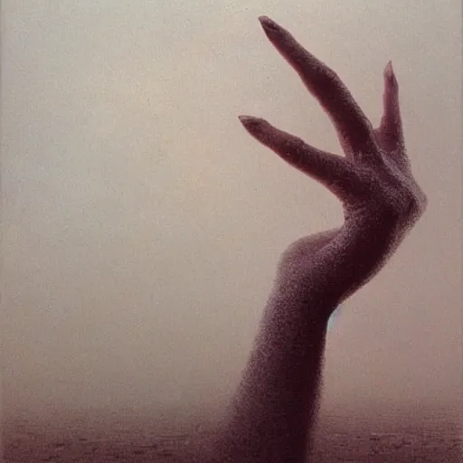 Image similar to hand with long fingers reaching out of thick fog, zdzislaw beksinski