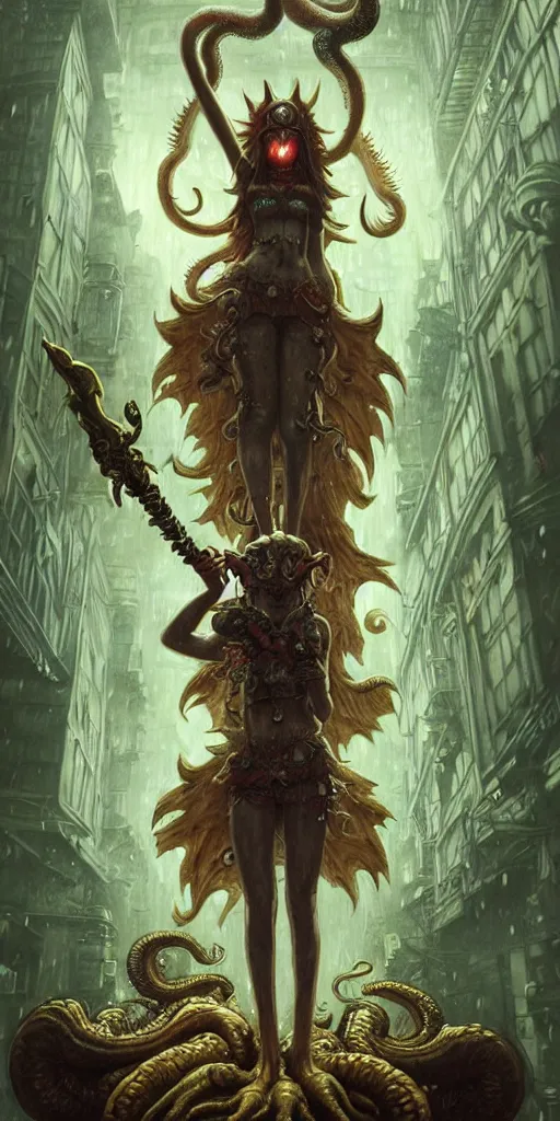 Prompt: hyper realistic Princess Mononoke attacking Cthulhu with a golden sword, ornate mask, wet market street, rainy atmosphere, cyberpunk metropolis, city landscape, jewels, full body pose, style of tom bagshaw, mucha, james gurney, norman rockwell, denoised, sharp