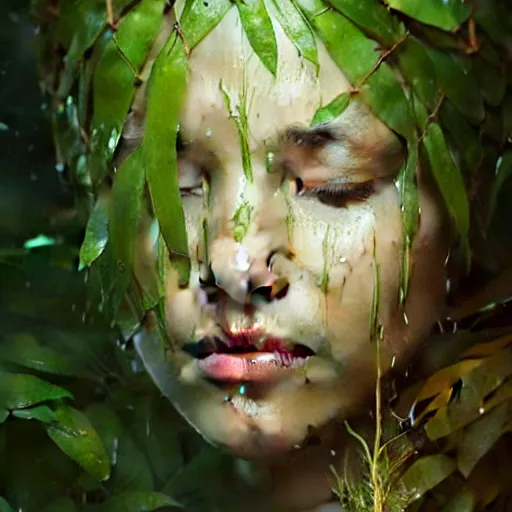 Prompt: a beautiful portrait of a plant goddess with closed eyes by Greg Rutkowski and Raymond Swanland, wet leaves, Trending on Artstation, ultra realistic digital art