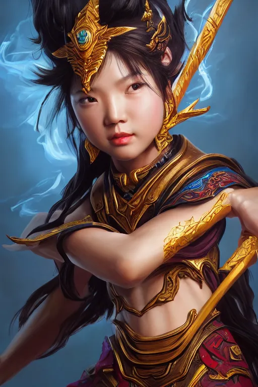 Prompt: a masterpiece portrait of nezha, legendary god holding spear, hero action pose, fantasy character portrait, closeup shot, hyper detailed, digital painting, 8 k realistic, trending on artstation, sharp focus, dof, by fenghua zhong, artgerm, ne zha from smite, tsuyoshi nagano,