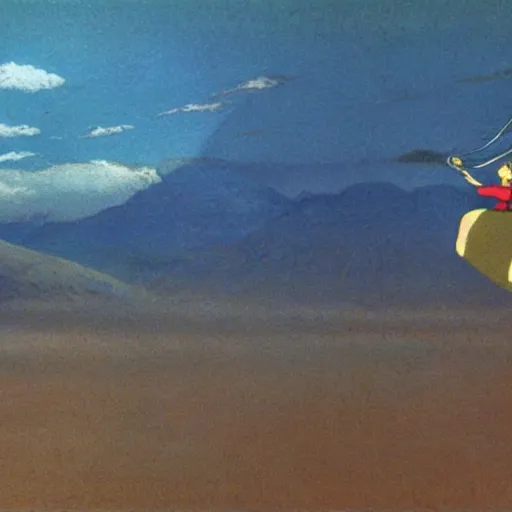 Prompt: A girl ride a glider over the clowds in Nausicaa of the Valley of the Wind, Miyazaki Hayao, ghibli style