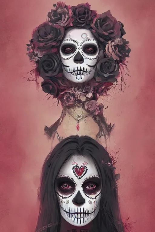 Prompt: Illustration of a sugar skull day of the dead girl, art by greg rutkowski