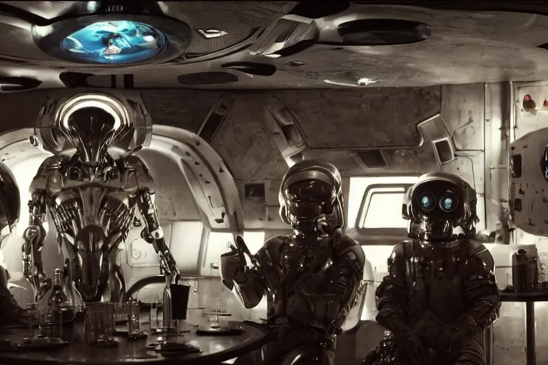 Image similar to sci-fi cinematography of cybernetic space soldiers sitting in an alien bar. By Emmanuel Lubezki