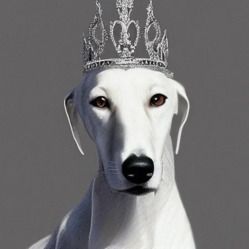 Prompt: A masterpiece portrait of a white greyhound. Greyhound is wearing a silver tiara. Very detailed. intricate, elegant, highly detailed. trending on artstation, digital art, by Stanley Artgerm Lau, WLOP, Rossdraws, James Jean, Andrei Riabovitchev, Marc Simonetti, Yoshitaka Amano