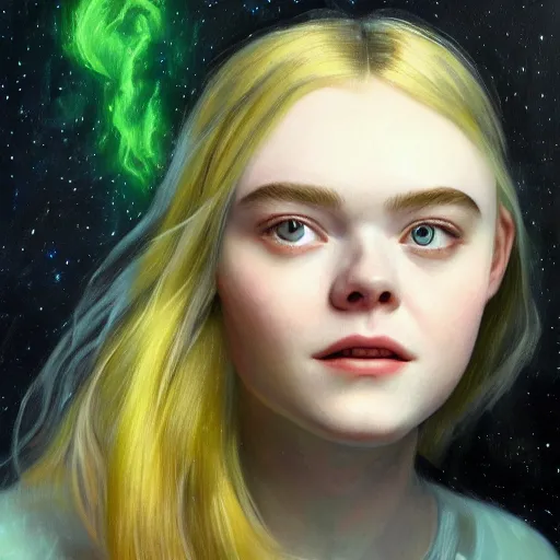 Prompt: portrait of a elle fanning in space face to face with a xenomorph, green lighting, alien 1 9 7 9, detailed realism face in painting, detailed beautiful portrait, oil painting masterpiece, 8 k resolution, smooth, sharp focus, trending on artstation, by rembrandt
