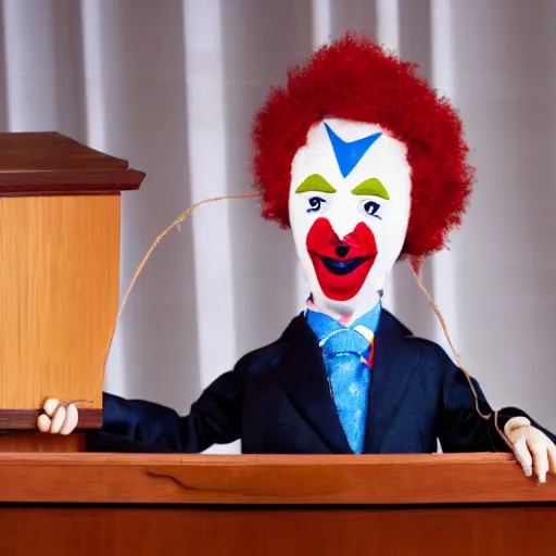 Image similar to puppet show of a puppeteer using a string marionette of a president with clown makeup in a podium