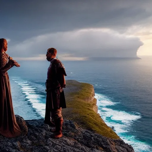 Prompt: romantic meeting on a cliff between a Viking king and a Valkyrie above a burning ocean of war, By Emmanuel Lubezki