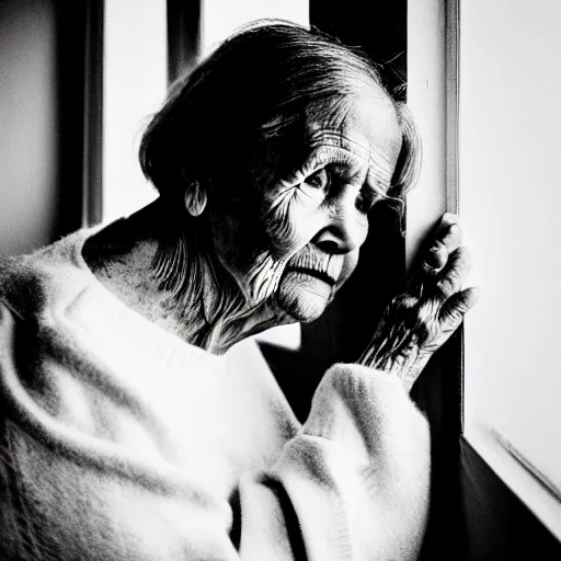 Image similar to black and white photograph portrait of a depressed beautiful old woman standing by the window, natural light, lomo, fashion photography, film grain, soft vignette, sigma 85mm f/1.4 1/10 sec shutter