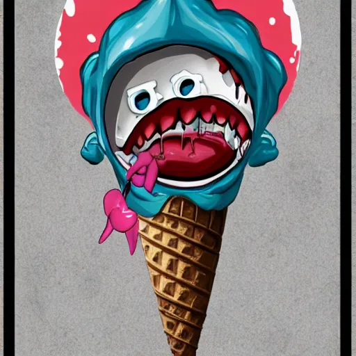 Prompt: an ice cream monster hanging upside down bigger than a bus with claws like a t - rex and teeth like a vampire, digital art,