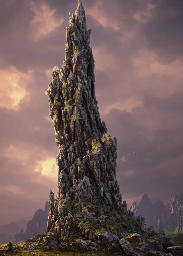 Prompt: jagged stone spire in scorched shrublands, extremely detailed oil painting, unreal 5 render, digital art, landscape painting, octane render, beautiful composition, trending on artstation, award winning photograph, masterpiece