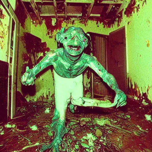 Image similar to 1 9 9 3, disposable camera, flash, old abandoned house, mutant creature standing, meat, ooze, slime, veins, wet