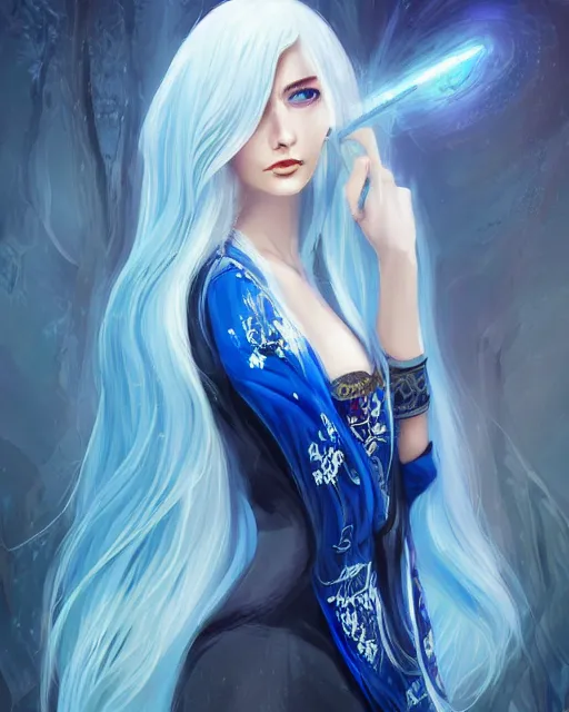 Image similar to A beautiful mysterious girl with cobalt-blue eyes and silky white hair, guitar shape build, her wardrobe is attractive, full body, fantasy art, in the style of Turine Tran, illustration, epic art, fantasy, intricate, elgant, amazing detail, digital painting, artstation, concept art, smooth, sharp focus