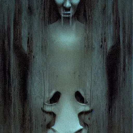 Prompt: movie still from her, painted by zdzislaw beksinski