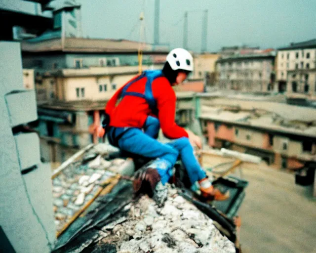 Prompt: lomo photo of basejumpers climbing on roof of soviet hrushevka, small town, cinestill, bokeh, out of focus