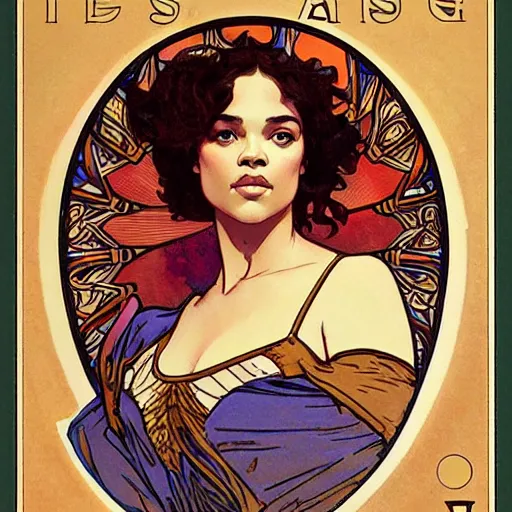 Image similar to tessa thompson portrait by louis - theophile hingre and alphonse mucha, realistic, sharp focus, zodiac signs, tarot cards, planets, ethereal, art nouveau, magic, moon, sun, crown, dreamy, royal, jewellery