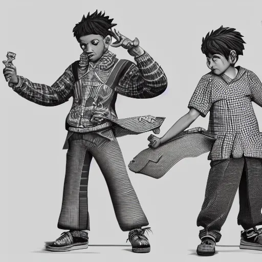 Image similar to rpg character concept art, twin brothers being cute and gangsta, intricate detail, in the style of jamie hewlett kawase hasui riyoko ikeda, 3 d render, artstation trending, 8 k, octane render, photorealistic, sharp detail, manga, black and white