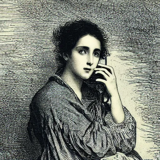 Image similar to extreme close-up, portrait of a young french woman talking at mobile phone, Gustave Dore lithography