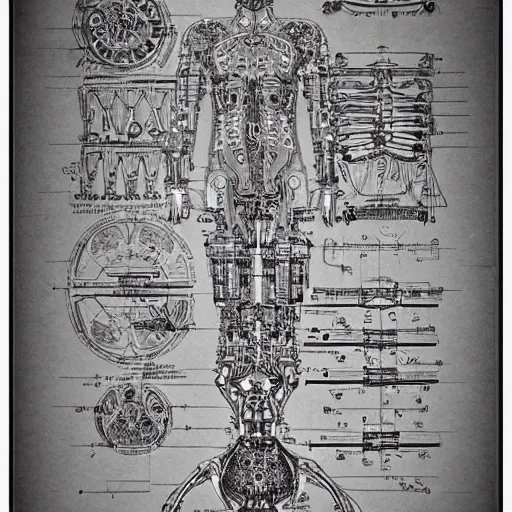 Image similar to schematic blueprint of highly detailed ornate filigreed convoluted ornamented elaborate cybernetic medical equipment, art by da vinci